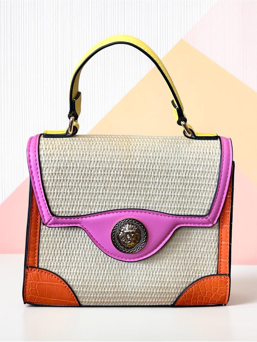 ALDO Straw Woven Color Block Pink Orange Yellow Purse